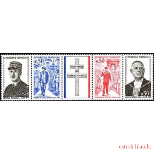 France Francia Nº 1698A - 1971 Aniv. muerte General de Gaulle Banda 4 val. 1695/98 + viñeta Lujo