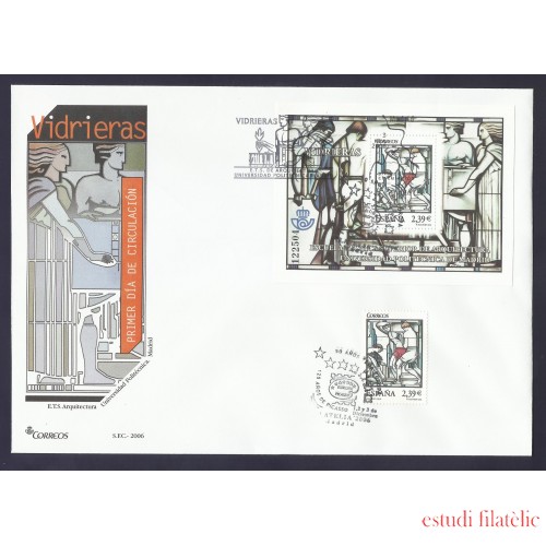 España 4280 2006  HB + sello con matasello y Sobre Primer Día Vidrieras