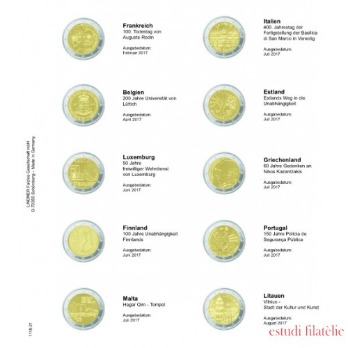 Lindner 1118-21 Hojas individuales para monedas conmemorativas de 2 Euros