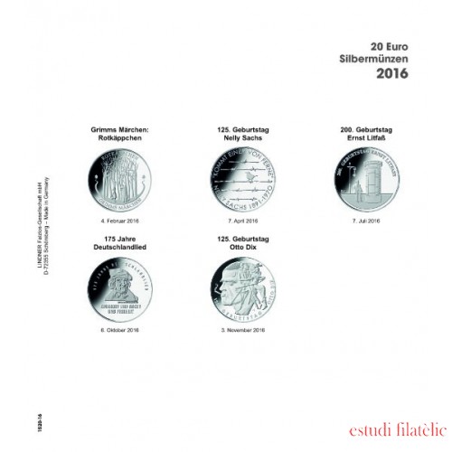 Lindner 1520-16 Hojas individuales para álbum pre-impreso para monedas conmemorativas de 20 Euros de Alemania