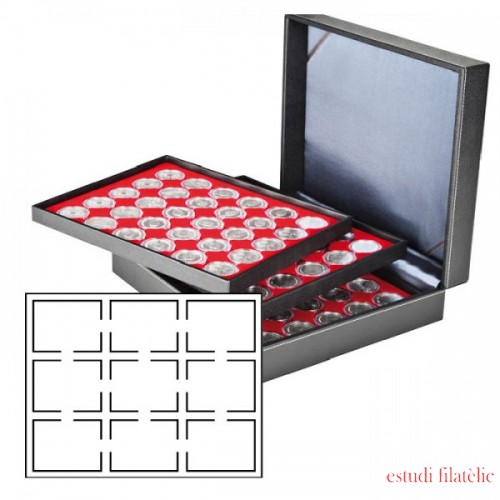 Lindner 2365-2219E Estuche Nera XL con 3 bandejas e inserciones de monedas de color rojo claro para 27 cápsulas de monedas de EE. UU