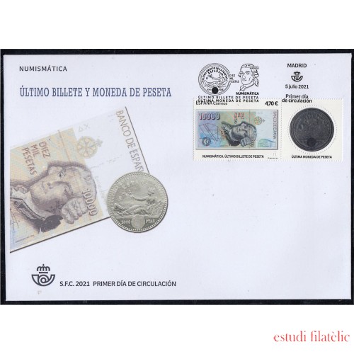 España Spain 5505 2021 Numismática Último billete y moneda de peseta SPD Sobre Primer Día