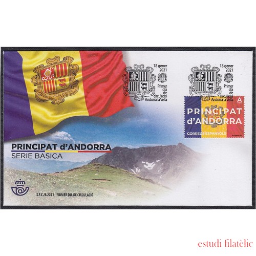 Andorra Española 507 2021 Bandera y Escudo de Andorra SPD Sobre Primer día