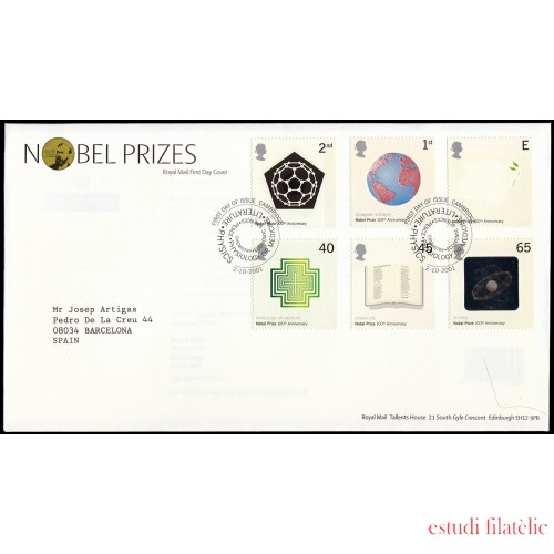 Gran Bretaña 2274/79 2001 SPD FDC Centenario Premios Nobel Sobre primer día