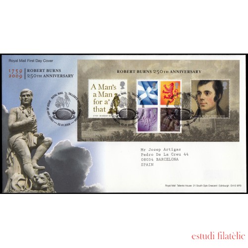 Gran Bretaña HB 61 2009 SPD FDC Literatura 250 Aniversario Robert Burns Sobre primer día