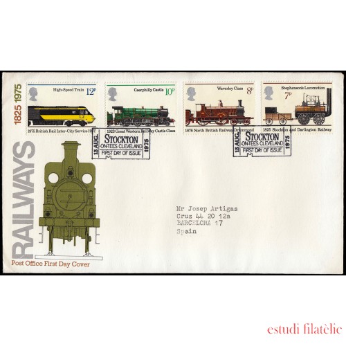 Gran Bretaña 760/63 1975 SPD FDC 150 Años Primer Tren Público Sobre primer día