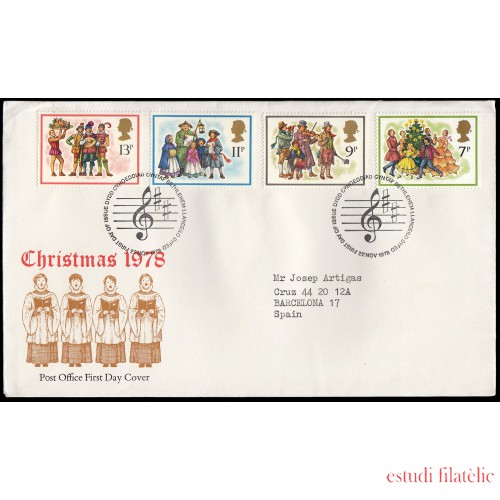 Gran Bretaña 876/79 1978 SPD FDC Navidad Músicos y Cantantes Sobre primer día