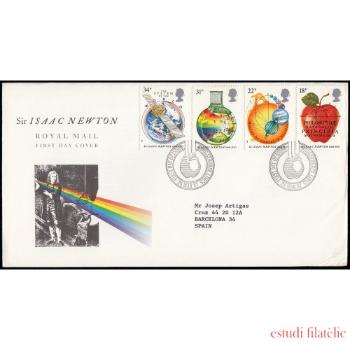 Gran Bretaña 1260/63 1987 SPD FDC 300 Años Ley de la Gravedad Isaac Newton Sobre primer día