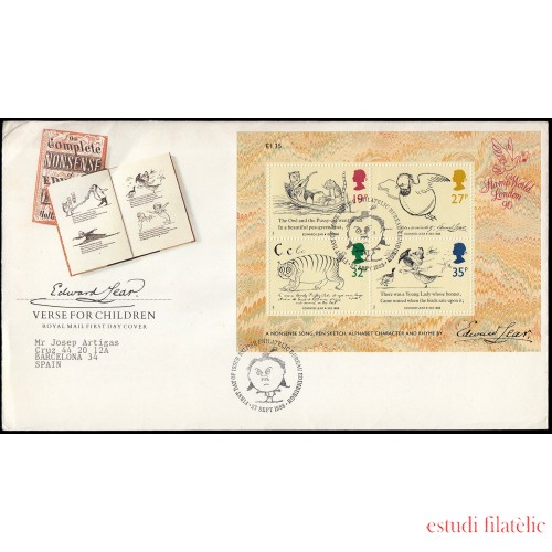 Gran Bretaña HB 4 1988 SPD FDC Centenario del Fallecimiento Edward Lear Sobre primer día