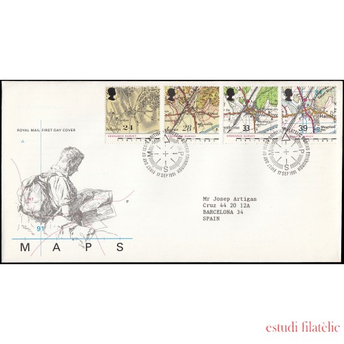 Gran Bretaña 1568/71 1991 SPD FDC Bicentenario del Servicio Cartográfico Mapas Sobre primer día