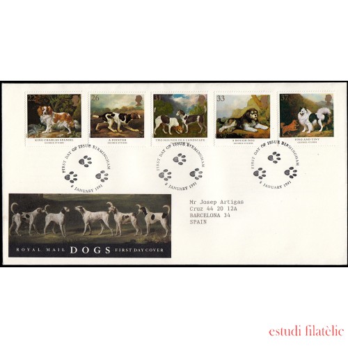 Gran Bretaña 1511/15 1991 SPD FDC Cuadros de Perros George Stubbs Birmingham  Sobre primer día