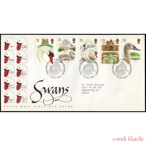 Gran Bretaña 1645/49 1993 SPD FDC Fauna Cisnes Sobre primer día