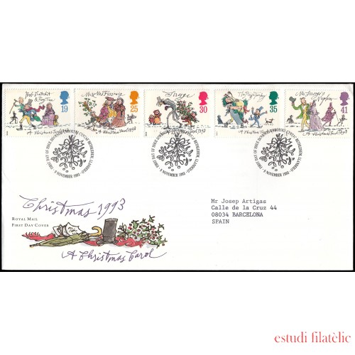 Gran Bretaña 1704/08 1993 SPD FDC Navidad Canción de Navidad Charles Dickens Sobre primer día