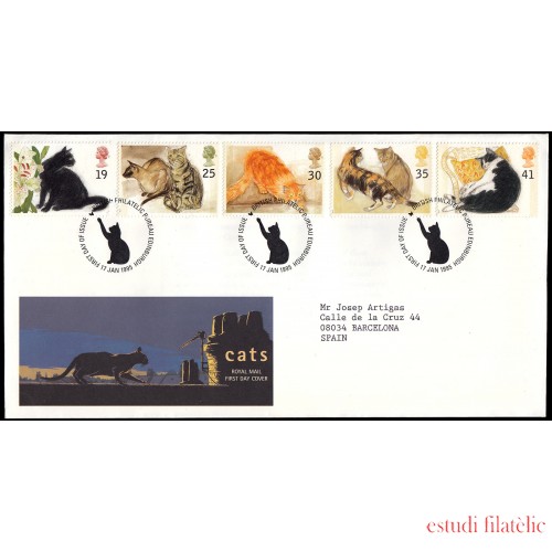 Gran Bretaña 1789/93 1995 SPD FDC Gatos Acuarelas de Elizabeth Blackadder Philatelic Bureau Sobre primer día