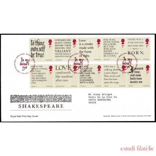 Gran Bretaña 4275/84 2016 SPD FDC 400 Aniv. fallecimiento de William Shakespeare Sobre primer día Tallents House  