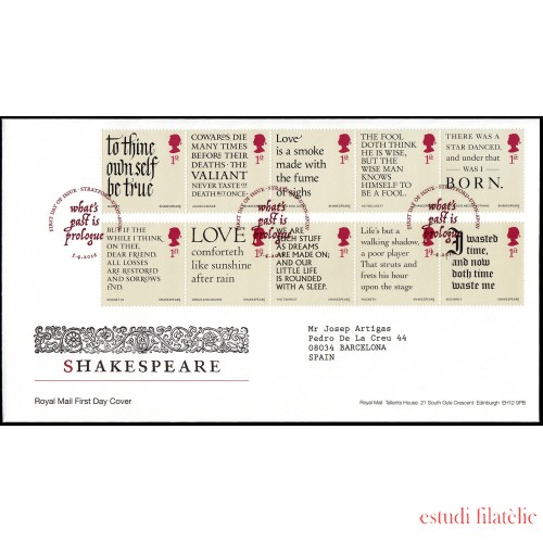 Gran Bretaña 4275/84 2016 SPD FDC 400 Aniv. fallecimiento de William Shakespeare Sobre primer día Stratford-Upon_Avon