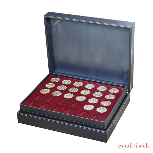 Lindner 2365-2750E Estuche para monedas NERA XL con 3 tableros y plantillas para monedas en color rojo para 90 monedas con un diámetro de 34 mm