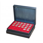 Lindner 2365-2150E Estuche para monedas NERA XL con 3 tableros y plantillas para monedas en color rojo claro para 90 monedas con un diámetro de 34 mm