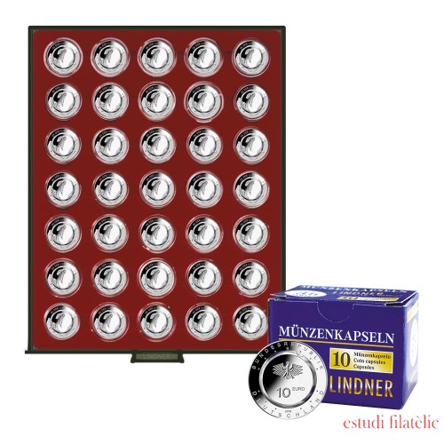 Lindner 2625-10EK Bandeja para monedas SMOKED GLASS por 35 piezas de monedas de coleccionista alemanas encapsuladas de 10 piezas con anillo de polímero