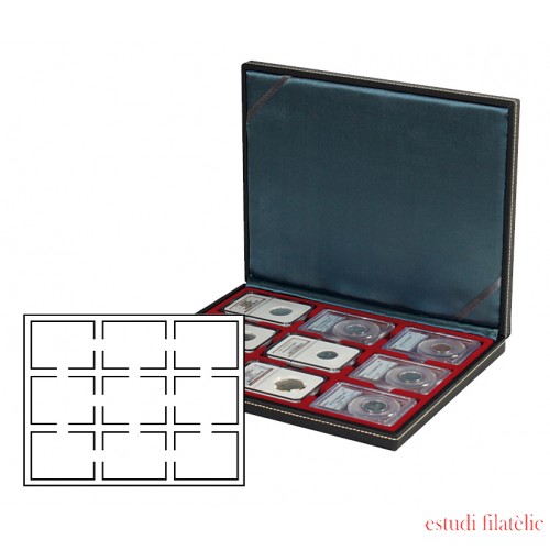 Lindner 2364-2619E Estuche para monedas NERA M con plantilla para monedas en color rojo oscuro para 9 cápsulas para monedas US (Slabs) de hasta un formato de 63 x 85 mm