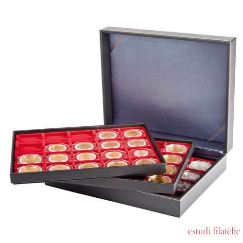 Lindner 2365-2122E Estuche para monedas NERA XL con 3 tableros y plantillas para monedas en color rojo claro para 60 marquitos para monedas 50 x 50 mm/cápsulas para monedas CARRÉE/ORTO