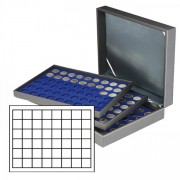 Lindner 2365-2148ME Estuche para monedas NERA XL con 3 tableros y plantillas para monedas en color azul oscuro con 144 casilleros cuadrados para monedas/cápsulas de hasta 30 mm