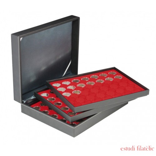 Lindner 2365-2530E Estuche para monedas NERA XL con 3 tableros y plantillas para monedas en color rojo claro para 105 monedas con un diámetro externo de 32 mm