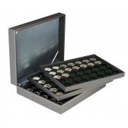 Lindner 2365-2530CE Estuche para monedas NERA XL con 3 tableros y plantillas para monedas en color negro para 105 monedas con un diámetro externo de 32 mm