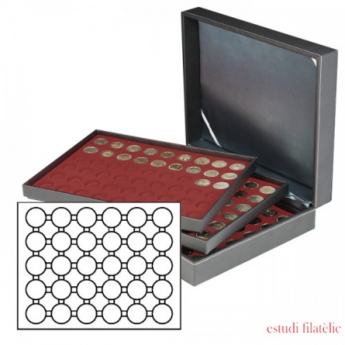 Lindner 2365-2626E Estuche para monedas NERA XL con 3 tableros y plantillas para monedas en color rojo oscuro para 90 cápsulas para monedas hasta 39 mm