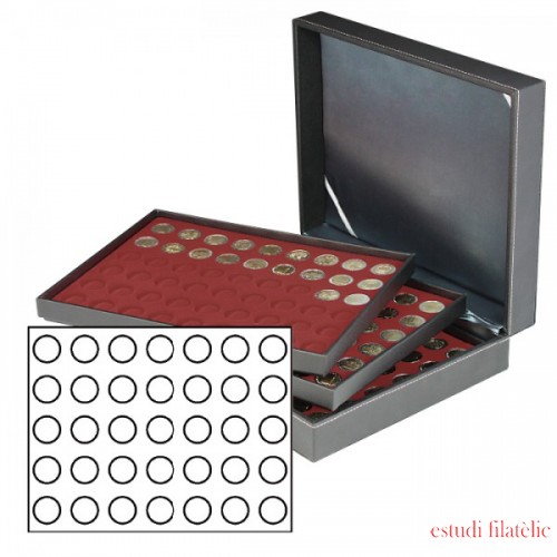 Lindner 2365-2711E Estuche para monedas NERA XL con 3 tableros y plantillas para monedas en color rojo oscuro para 105 monedas con un diámetro de 32,5 mm