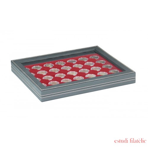 Lindner 2367-2930E Estuche para monedas NERA M PLUS con plantilla para monedas en color rojo oscuro con 35 hoyos redondos para cápsulas para monedas de hasta 32 mm