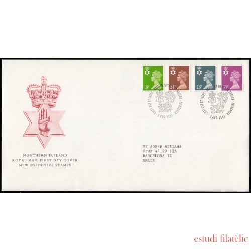 Gran Bretaña 1579/90 (de la serie) 1991 SPD FDC Serie Reina Isabel II Irlanda del Norte  Sobre primer día Philatelic Bureau