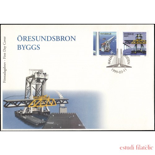 Suecia Sweden SPD FDC 2094/95 1999 Construcción del puente sobre el Oresund entre Suecia y Dinamarca Sobre primer día