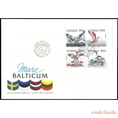 Suecia Sweden SPD FDC 1724/27 1992 Fauna Pájaros del Báltico Sobre primer día