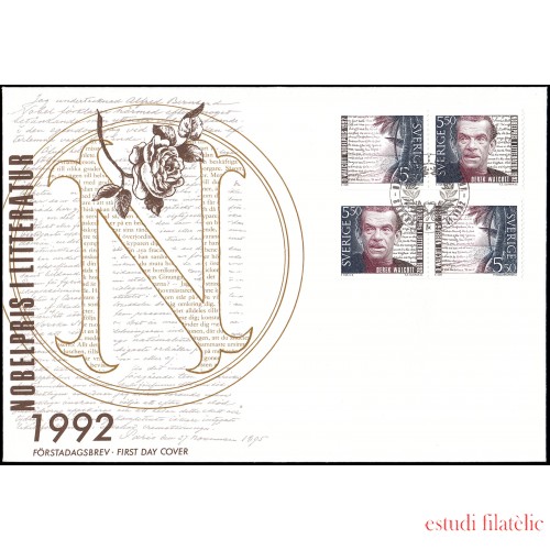 Suecia Sweden SPD FDC 1734/35 1992 Homenaje a Derek Walcott premio Nobel de literatura 1992 Sobre primer día