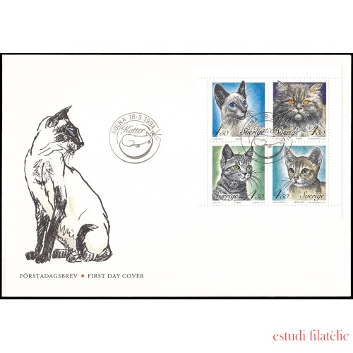 Suecia Sweden SPD FDC 1800/03 1994 Gatos de raza Sobre primer día