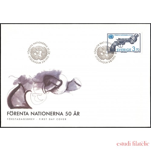 Suecia Sweden SPD FDC 1881 1995 50 aniv. de la creación de la ONU obra del escultor sueco Karl Fredick Reutersward Sobre primer día