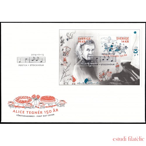 Suecia Sweden  SPD FDC F2999 2014 Personalidades 150 aniv. nacimiento de Alice Tegner, poeta y compositora sueca Sobre primer día