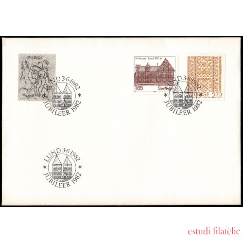 Suecia Sweden SPD FDC 1175/77 1982 Centenario del Museo de Lund, 100 aniv. del nacimiento del escritor Elin Wagner Sobre primer día