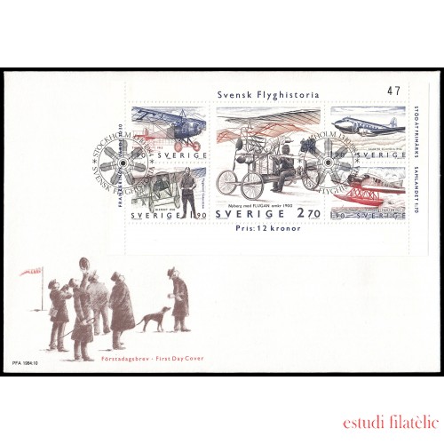 Suecia Sweden  SPD FDC HB12 1984 Historia de la aviación sueca Sobre primer día