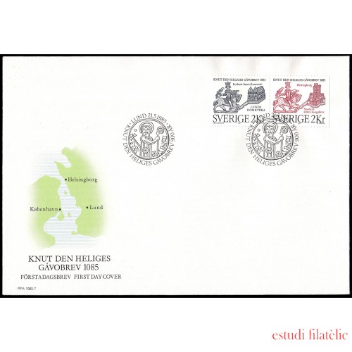 Suecia Sweden SPD FDC 1322a 1985 900 aniv. de la escritura de donación de San Canuto a Lund Sobre primer día