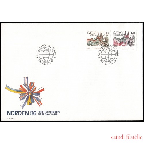 Suecia Sweden SPD FDC 1379/80 1986 Nórdico 86 Ciudades hermanas Eskilstuna - Uppsala Sobre primer día  