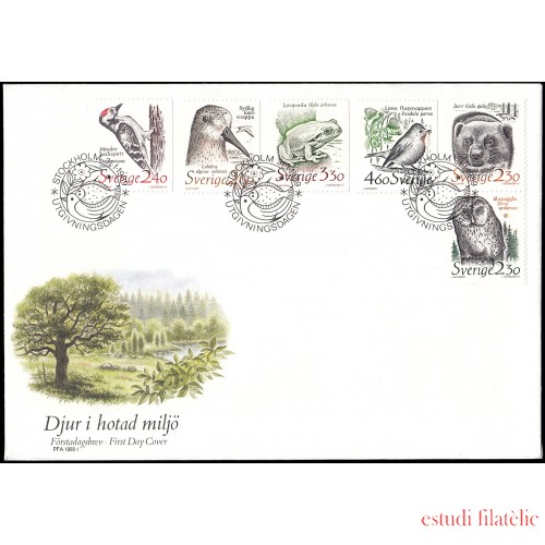 Suecia Sweden SPD FDC 1502/07 1989 Animales amenazados en el medio ambiente Sobre primer día