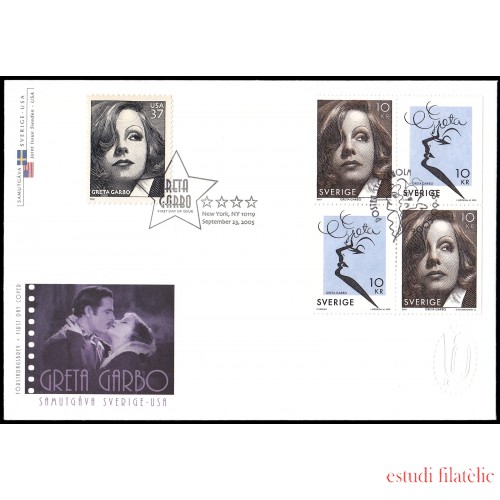 Suecia Sweden SPD FDC 2475/76 2005 Personalidades Centenario del nacimiento de la actriz Greta Garbo emisión conjunta con Estados Unidos Sobre primer día 