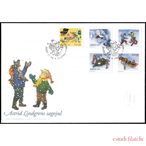 Suecia Sweden SPD FDC 2591/95 2007 Navidad Ilustraciones de los cuentos infantiles de Astrid Lindgren Sobre primer día