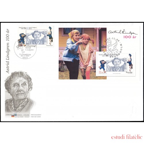 Suecia Sweden SPD FDC 2596/HB37 2007 Personalidades literarias Astrid Lindgren