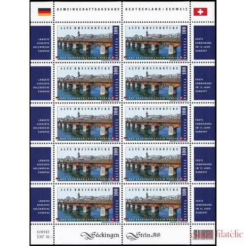 Suiza Switzerland 1994 2008 Antiguo puente de Bad Sackingen sobre el Rhin, Alemania y Suiza minihojita MNH