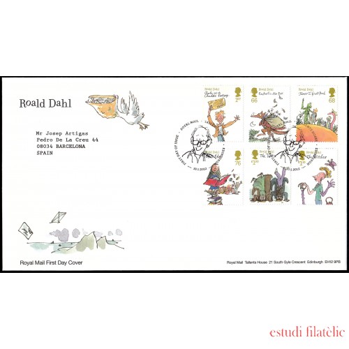 Gran Bretaña HB 90 2012 SPD FDC Personalidades Roald Dahl escritor Great Missenden Sobre primer día