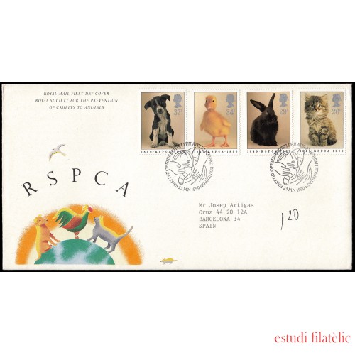 Gran Bretaña 1439/42 1990 SPD FDC 150 aniv. de la Real Sociedad Protectora de Animales Philatelic Bureau Sobre primer día