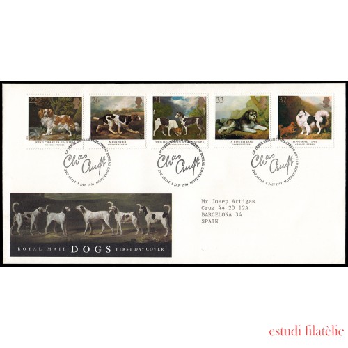 Gran Bretaña 1511/15 1991 SPD FDC Cuadros de Perros George Stubbs Philatelic Bureau  Sobre primer día